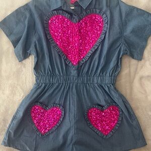 QUEEN OF SPARKLES Denim Romper with Pink Rhinestone Heart Accents